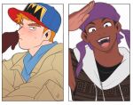  2boys baseball_cap black_hair blonde_hair blue_eyes blush bokujou_monogatari bokujou_monogatari:_mineral_town_no_nakama_tachi brown_eyes dark-skinned_male dark_skin gray_(bokujou_monogatari) hat kai_(bokujou_monogatari) looking_at_viewer male_focus moosopp multiple_boys purple_bandana salute smile sweatdrop upper_body 