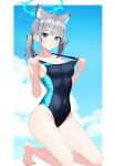  1girl absurdres animal_ear_fluff animal_ears barefoot black_one-piece_swimsuit blue_archive blue_eyes blue_sky breasts cloud competition_swimsuit covered_navel cross_hair_ornament extra_ears full_body grey_hair hair_ornament halo highres hururu_game kneeling low_ponytail medium_breasts medium_hair mismatched_pupils multicolored_clothes multicolored_swimsuit official_alternate_costume one-piece_swimsuit shiroko_(blue_archive) shiroko_(swimsuit)_(blue_archive) sky solo strap_pull swimsuit wolf_ears 