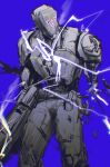  animification blue_background bohe-menthe electricity gun highres holding holding_gun holding_weapon humanoid_robot kay/o_(valorant) looking_to_the_side missing_limb robot science_fiction sketch valorant weapon 