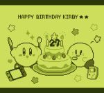  anniversary blush_stickers cake candle character_name closed_mouth eating fire food fork fruit game_boy green_background handheld_game_console happy_birthday holding holding_fork holding_knife holding_spoon kae77p kirby kirby&#039;s_dream_land kirby_(series) knife letterboxed nintendo_switch no_humans open_mouth pixel_art plate simple_background sitting smile spoon star_(symbol) strawberry time_paradox 