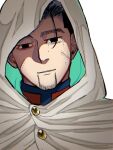  1boy black_eyes black_hair cloak crying crying_with_eyes_open facial_hair goatee golden_kamuy hair_slicked_back hair_strand half-closed_eyes head_tilt hood hood_up hooded_cloak looking_at_viewer male_focus ogata_hyakunosuke portrait ri_(ri_kaos21) scar scar_on_cheek scar_on_face short_hair smile solo staring stitches stubble tearing_up tears tears_from_one_eye undercut uneven_eyes 