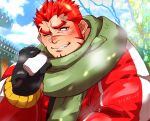  1boy akashi_(live_a_hero) alternate_costume bara blush breath cup disposable_cup facial_hair goatee green_scarf highres jacket kizami_nori_to_yamaimo live_a_hero long_sideburns looking_to_the_side male_focus muscular muscular_male one_eye_closed open_clothes open_jacket red_eyes red_hair scar scar_on_face scar_on_nose scarf short_hair sideburns solo thick_eyebrows upper_body winter 