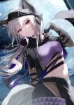  1girl animal_ear_fluff animal_ears arknights bangs beanie black_gloves black_headwear black_jacket black_skirt breasts closed_mouth commentary_request crop_top cropped_jacket ears_through_headwear fingerless_gloves frostleaf_(arknights) frostleaf_(break_the_ice)_(arknights) gloves grey_hair hand_up hat headphones highres jacket long_hair looking_at_viewer medium_breasts midriff navel open_clothes open_jacket purple_shirt red_eyes saiko_(saisaka) shirt short_sleeves skirt smile solo tail very_long_hair 