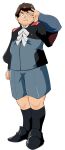  1boy absurdres asticassia_school_uniform biscuit_griffon black_socks brown_hair cosplay elan_ceres elan_ceres_(cosplay) fat green_shorts gundam gundam_suisei_no_majo gundam_tekketsu_no_orphans hanae_natsuki highres looking_at_viewer raitaohishi school_uniform shorts simple_background socks solo white_background 