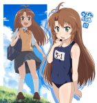  1girl ahoge artist_logo asahigaoka_school_uniform bag black_skirt blue_one-piece_swimsuit blue_sky brown_footwear brown_hair cloud collared_shirt day dress_shirt fang feet_out_of_frame flat_chest full_body grass green_eyes ki_(adotadot) koshigaya_komari loafers long_hair multiple_views name_tag non_non_biyori one-piece_swimsuit outdoors panties pantyshot school_bag school_swimsuit school_uniform shirt shoes skin_fang skirt sky socks sweater_vest swimsuit underwear white_panties white_shirt white_socks 