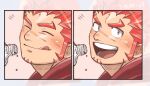  1boy :d :q akashi_(live_a_hero) bara blush drinking facial_hair goatee happy_aura highres kizami_nori_to_yamaimo live_a_hero long_sideburns looking_at_viewer male_focus multiple_views red_eyes red_hair scar scar_on_face scar_on_nose short_hair sideburns smile thick_eyebrows tongue tongue_out water_drop 