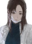  1girl bliss_htt brown_eyes brown_hair highres ieiri_shoko jujutsu_kaisen lab_coat long_hair looking_at_viewer mask mole mole_under_eye simple_background solo unworn_mask upper_body white_background 