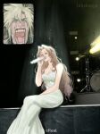  1boy 1girl aerith_gainsborough aerith_gainsborough_(white_floral_dress) aqua_eyes artist_name bare_arms bare_shoulders bereal blonde_hair breasts brown_hair cleavage cloud_strife crying derivative_work dress dress_flower fan_screaming_at_madison_beer_(meme) final_fantasy final_fantasy_vii final_fantasy_vii_rebirth final_fantasy_vii_remake flower gold_trim green_eyes hair_between_eyes highres holding holding_microphone long_dress long_hair lukabooga medium_breasts meme microphone music official_alternate_costume open_mouth parted_bangs rose short_hair sidelocks singing sitting sparkle spiked_hair stage strapless strapless_dress streaming_tears tears wavy_hair white_dress yellow_flower yellow_rose 