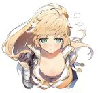  1girl armor blonde_hair breasts brown_gloves cleavage gauntlets genderswap genderswap_(mtf) gloves granblue_fantasy green_eyes pauldrons ponytail pout shoulder_armor solo umeda_shiso vane_(granblue_fantasy) 