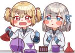  2girls :d absurdres alternate_costume ayano_rika bangs blonde_hair blue_eyes blue_gloves blue_necktie blue_ribbon blue_shirt blunt_bangs blush_stickers chemistry chibi coat collared_shirt commentary commission english_commentary eyes_visible_through_hair flask gloves grey_hair hair_between_eyes hair_ornament hair_ribbon hair_scrunchie highres isuzu_ren lapels long_bangs looking_at_another looking_at_object magia_record:_mahou_shoujo_madoka_magica_gaiden mahou_shoujo_madoka_magica medium_hair mogu_m.g multiple_girls necktie open_mouth parted_lips red_eyes ribbon round-bottom_flask scrunchie second-party_source shirt short_hair sidelocks simple_background smile sparkle swept_bangs two_side_up upper_body white_background white_coat white_scrunchie 