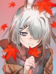  1girl absurdres animal_ear_fluff animal_ears ao_oni_(onioni-aoi) arknights autumn_leaves blurry blurry_background blurry_foreground blush brown_jacket brown_scarf commentary_request depth_of_field frostnova_(arknights) grey_eyes grey_hair grey_shirt hair_ornament hair_over_one_eye hairclip hand_up highres holding holding_leaf jacket leaf long_hair looking_at_viewer maple_leaf parted_lips rabbit_ears scarf shirt smile solo upper_body 