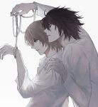  2boys 8knff ahoge black_hair brown_hair chain collared_shirt cuffs death_note hair_between_eyes hand_on_another&#039;s_shoulder hand_up handcuffs highres l_(death_note) long_sleeves male_focus messy_hair multiple_boys parted_lips shirt short_hair upper_body white_background white_shirt yagami_light yaoi 
