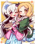  2girls ;&gt; ;d absurdres black_bow black_hairband blonde_hair blush bow closed_mouth commentary_request fate/extra fate/grand_order fate_(series) grey_hair hair_bow hair_ornament hairband hairclip highres japanese_clothes kimono long_hair long_sleeves multiple_girls nursery_rhyme_(fate) one_eye_closed outline paul_bunyan_(fate) pink_eyes small_sweatdrop smile striped_bow sweat twitter_username two-tone_background v very_long_hair white_background white_kimono white_outline wide_sleeves yellow_background yellow_eyes yuya090602 
