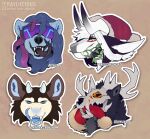 ambiguous_gender anthro antlers bear blue_body blue_eyes blue_fur blue_hair blue_horn blue_sclera blue_tongue brown_body brown_fur cheek_tuft christmas christmas_clothing christmas_headwear clothing duo ears_back facial_tuft fangs female forked_tongue front_view fur green_eyes grey_antlers grey_body grey_fur hair hat headgear headshot_portrait headwear hi_res holidays horn licking licking_lips licking_own_lips looking_at_viewer mammal multi_eye multicolored_hair neck_tuft obscured_eyes open_mouth pivoted_ears portrait purple_hair rayliicious santa_hat side_view simple_background small_horn species_request tan_body tan_fur teeth tongue tuft two_tone_hair white_body white_fur white_hair