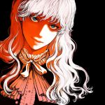  1boy androgynous berserk black_background blue_eyes commentary commentary_request formal griffith_(berserk) highres light_smile long_hair looking_at_viewer male_focus nisino2222 simple_background smile solo wavy_hair white_hair 