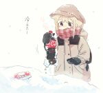  1girl alternate_costume black_mittens blonde_hair blush_stickers bottle brown_coat brown_eyes brown_hat coat coca-cola commentary_request condensation cowboy_shot enpera flat_cap food futaba_anzu hat holding holding_bottle hood hood_down hooded_coat ice_cream idolmaster idolmaster_cinderella_girls mittens motion_lines nendo23 open_mouth outdoors red_scarf scarf smile snow soda_bottle solo standing translation_request white_background winter_clothes 