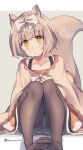  1girl animal_ear_fluff animal_ears black_skirt bow brown_cloak brown_hair brown_pantyhose cloak closed_mouth commentary_request grey_background head_tilt knees_up kuromiya long_sleeves looking_at_viewer orange_eyes orange_shirt original panties panties_under_pantyhose pantyhose shirt sitting skirt smile solo tail takamiya_momo twitter_username two-tone_background underwear white_background white_bow white_panties 