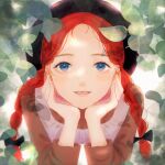  1girl anne_of_green_gables anne_shirley black_headwear blue_eyes braid brown_shirt freckles hat head_rest kumagai_yuka leaf long_hair looking_at_viewer portrait red_hair shirt solo twin_braids twintails 