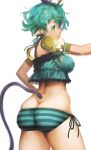  1girl ass back bangs bikini breasts butt_crack closed_mouth frilled_bikini frills green_bikini green_eyes green_hair highres natto_soup pandoria_(beach_date)_(xenoblade) pandoria_(xenoblade) pointy_ears short_hair simple_background smile swimsuit tail white_background xenoblade_chronicles_(series) xenoblade_chronicles_2 