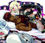  2girls applying_makeup artist_name bed berserk black_bra black_choker black_gloves blonde_hair blue_eyes bra breasts brown_eyes casca_(berserk) chain choker cleavage closed_mouth commentary dark-skinned_female dark_skin doll ear_piercing english_commentary farnese_(berserk) fingerless_gloves fingernails fishnets gloves highres holding holding_brush holding_palette jewelry lipstick looking_at_another lying makeup makeup_brush multiple_girls nail_polish navel necklace nose_piercing on_bed one_eye_closed palette_(object) piercing pillow pink_nails red_nails scar scar_on_arm scar_on_face sharp_fingernails shubbidy sitting sitting_on_person smile underwear 