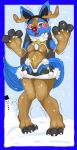 2023 3_fingers anthro bell bell_collar blue_body blue_fur bodily_fluids christmas clothing collar elchuydra female fingers freezing fur generation_4_pokemon hi_res hina_(elchuydra) holidays legwear looking_at_viewer lucario nintendo open_mouth paws pokemon pokemon_(species) purple_eyes red_nose reindeer_antlers reindeer_costume shaking shivering signature snow snowing snowman solo sweat thigh_highs