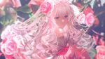  1boy 1girl absurdres arcaea blurry blurry_background conductor_baton curly_hair floating_hair floral_background flower hair_between_eyes hair_flower hair_ornament hair_spread_out highres hikari_(arcaea) holding holding_stick long_hair long_sleeves looking_ahead looking_to_the_side neck_ribbon red_eyes red_flower red_ribbon red_rose ribbon rose sailor_collar school_uniform shirt sidelocks siyrgr solo stick upper_body white_hair white_sailor_collar white_shirt white_veil 
