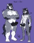 anthro athletic balls canid canine canis domestic_dog duo erection father_(lore) genitals hi_res hunterramirez male male/male mammal muscular parent_(lore) penis smile son_(lore) standing wolf
