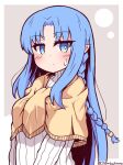  1girl blue_eyes blue_hair blush braid closed_mouth commentary_request fate/grand_order fate_(series) fringe_trim grey_background highres long_hair looking_at_viewer medea_(fate) parted_bangs ribbed_sweater shawl single_braid small_sweatdrop solo sweat sweater turtleneck turtleneck_sweater twitter_username two-tone_background upper_body very_long_hair white_background white_sweater yuya090602 