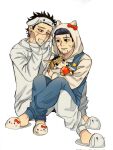  2boys :3 alternate_costume animal_ears animalization apple black_eyes black_hair blush cat_ears character_print character_request expressionless facial_hair fake_animal_ears food fruit goatee golden_kamuy hair_slicked_back hair_strand hands_on_own_cheeks hands_on_own_face hello_kitty highres holding holding_food holding_fruit hood hood_up male_focus merchandise multiple_boys ogata_hyakunosuke open_mouth ri_(ri_kaos21) sandals scar scar_on_cheek scar_on_face short_hair sitting sitting_on_lap sitting_on_person smile stitches stubble sugimoto_saichi themed_object undercut 