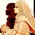  2boys androgynous armor bangs berserk cape closed_mouth dual_persona evil_smile expressionless griffith_(berserk) highres long_hair looking_at_viewer looking_to_the_side multiple_boys nisino2222 shoulder_armor sideways_glance smile sword wavy_hair weapon white_cape white_hair 