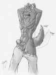  anthro balls blush bodily_fluids canid canine canis clothed clothing donnydoggo english_text erection fur genital_fluids genitals hi_res kemono_michi:_rise_up male mammal monochrome muscular muscular_male penis rope signature sketch sketchbook solo tail tail_motion tailwag text traditional_media_(artwork) vein wolf 