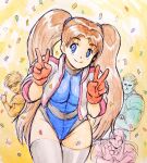  1girl 3boys athletic_leotard blue_eyes blue_leotard breasts brown_hair character_request confetti double_v gloves groin heika_(heikahp) jacket leaning_forward leotard long_hair looking_at_viewer multiple_boys numan_athletics red_gloves sharon_les_halles smile thighhighs thighs traditional_media twintails v white_jacket white_thighhighs 
