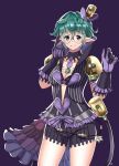  1girl :d bangs bra breasts chest_jewel cleavage glasses gloves green_eyes green_hair grin highres jacket looking_at_viewer maji_(majibomber) pandoria_(xenoblade) pointy_ears purple_background purple_bra purple_gloves purple_jacket purple_shorts short_hair short_sleeves shorts simple_background smile solo teeth underwear xenoblade_chronicles_(series) xenoblade_chronicles_2 