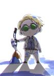  1boy blonde_hair blue_shirt chibi collared_shirt formal full_body goggles highres jujutsu_kaisen long_sleeves male_focus nanami_kento neconii_oo paint paint_on_body paint_on_clothes shirt short_hair solo standing suit white_suit 