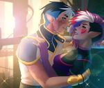  1boy 1girl black_hair blue_eyes blue_hair burn_scar commission couple dragon_booster eye_contact gold_trim hetero jennifer_webster lens_flare looking_at_another multicolored_hair pointy_ears purple_eyes purple_hair scar scar_on_arm smile streaked_hair upper_body 