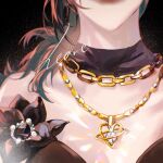  1girl bare_shoulders black_flower black_hair boutonniere chain chain_necklace chinese_commentary commentary deren_(eclat_eminence)_(path_to_nowhere) deren_(path_to_nowhere) detached_collar diamond_necklace flower gold_necklace head_out_of_frame heart heart_necklace highres jewelry lens_flare light_particles long_hair necklace official_alternate_costume path_to_nowhere shafagou solo upper_body 
