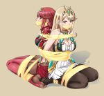  2girls barefoot bdsm blonde_hair bondage bound bound_together dress gag gagged highres lost_one_zero multiple_girls mythra_(xenoblade) pyra_(xenoblade) red_eyes red_hair red_thighhighs restrained soles swept_bangs thighhighs tiara white_dress xenoblade_chronicles_(series) xenoblade_chronicles_2 yellow_eyes 