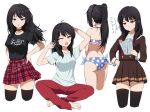  bikini black_hair black_shirt black_thighhighs blue_bikini brown_shirt brown_skirt hibike!_euphonium highres kitauji_high_school_uniform kousaka_reina leo_queval long_hair multiple_views neckerchief pants plaid plaid_skirt pleated_skirt ponytail purple_eyes red_neckerchief red_pants sailor_collar school_uniform shirt skirt swimsuit thighhighs white_background white_sailor_collar white_shirt winter_uniform yawning 