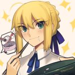  1girl ahoge artoria_pendragon_(fate) blonde_hair boa_(brianoa) bowl braid braided_bun fate/stay_night fate_(series) green_eyes hair_bun highres long_sleeves looking_at_viewer rice_cooker saber_(fate) sidelocks smile solo 