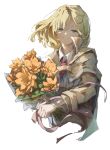  1girl absurdres blonde_hair blue_eyes bouquet brown_jacket brown_skirt collared_shirt hair_ornament highres holding holding_bouquet hololive hololive_english jacket maskcat necktie red_necktie shirt short_hair skirt smile solo virtual_youtuber watson_amelia watson_amelia_(1st_costume) white_background white_shirt 
