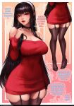  1girl bare_shoulders black_hair black_thighhighs breasts commentary dress english_commentary english_text hair_down hairband highres large_breasts long_hair looking_at_viewer luminyu multiple_views official_alternate_hairstyle red_eyes sidelocks spy_x_family sweater sweater_dress thick_thighs thighhighs thighs watermark web_address wide_hips yor_briar 
