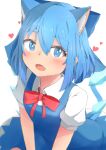  1girl absurdres animal_ears blue_bow blue_dress blue_eyes blue_hair blush bow bowtie cat_ears cat_tail cirno collared_shirt commentary detached_wings dress extra_ears hair_between_eyes hair_bow heart highres ice ice_wings long_hair looking_at_viewer mizune_(winter) pinafore_dress puffy_short_sleeves puffy_sleeves red_bow red_bowtie shirt short_sleeves simple_background sitting sleeveless sleeveless_dress smile solo symbol-only_commentary tail teeth touhou upper_body upper_teeth_only v_arms white_background white_shirt wings 