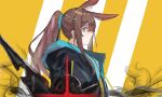  1girl absurdres amiya_(arknights) animal_ear_fluff animal_ears arknights bangs black_jacket blue_eyes brown_hair closed_mouth commentary_request diagonal_stripes from_side hair_between_eyes highres hood hood_down hooded_jacket jacket km_(k74870537) long_hair looking_at_viewer looking_to_the_side open_clothes open_jacket ponytail profile rabbit_ears sidelocks solo striped striped_background upper_body 
