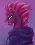  2017 broken_horn candy clothed clothed_feral clothing dessert digital_drawing_(artwork) digital_media_(artwork) equid equine eyelashes female feral fire-star-animations food friendship_is_magic gradient_background hasbro hoodie horn horse lollipop looking_at_viewer looking_back looking_back_at_viewer mammal mohawk my_little_pony my_little_pony:_the_movie_(2017) open_mouth pony purple_background purple_body simple_background solo teal_eyes tempest_shadow_(mlp) tongue topwear unicorn 