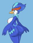 anthro big_breasts big_butt blue_body blue_eyes blue_hair breasts butt female hair hi_res looking_back nipples quaquaval simple_background solo 