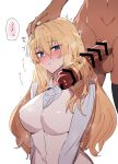  2girls bar_censor black_thighhighs blonde_hair blue_eyes blue_shirt blush body_markings bottomless breasts caenis_(fate) censored closed_mouth commentary dark-skinned_female dark_skin erection fate/grand_order fate_(series) futa_with_female futanari genderswap genderswap_(mtf) hair_between_eyes hairjob hand_on_another&#039;s_head heavy_breathing highres hip_bones kirschtaria_wodime large_breasts long_hair long_sleeves looking_at_penis multiple_girls nail_polish navel penis sabamori shirt simple_background sweat testicles thighhighs twitching veins veiny_penis vest white_background white_nails white_vest 