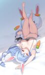  1girl absurdres animal_ears bare_legs barefoot blue_hair blue_nails blue_panties braid braided_ponytail breasts camisole carrot cloba full_body grey_camisole grin highres hololive implied_after_masturbation large_breasts legs_up looking_at_viewer lying mature_female navel on_back panties pekomama pekomon_(usada_pekora) rabbit_ears rabbit_girl red_eyes short_eyebrows smile solo stomach stuffed_toy suggestive_fluid thighs underwear usada_pekora virtual_youtuber 