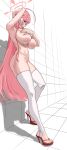  1girl abs absurdres ahoge arm_behind_head arm_up armpits ass blue_archive bow braid breasts convenient_censoring covered_nipples french_braid full_body hair_between_eyes hair_bow hanako_(blue_archive) heel-less_legwear high_heels highres huge_ahoge huge_breasts light_blush light_smile long_hair looking_at_viewer nail navel nude pink_hair profile radiocupcake red_footwear sidelocks solo square stirrup_legwear thick_thighs thighhighs thighs toeless_legwear very_long_hair white_background white_bow white_thighhighs 