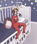  anthro baby_bottle biped blue_eyes bottle_feeding canid canine canis clothing crib diaper diaper_under_clothing diaperdork domestic_dog foxehhyz male mammal onesie red_clothing solo 