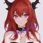  1girl arknights bangs bare_shoulders black_choker black_nails bu_jie_cha choker collarbone cross grey_background hand_up highres horns long_hair nail_polish pink_eyes portrait red_hair sample_watermark shiny shiny_hair simple_background slit_pupils solo surtr_(arknights) 